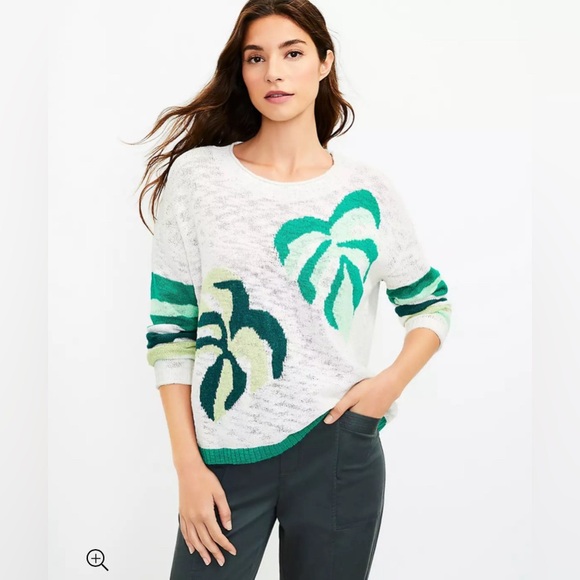 LOFT Lou & Grey Palm Leaf Sweater Size S Cotton Blend Casual Summer White Green - Picture 2 of 16